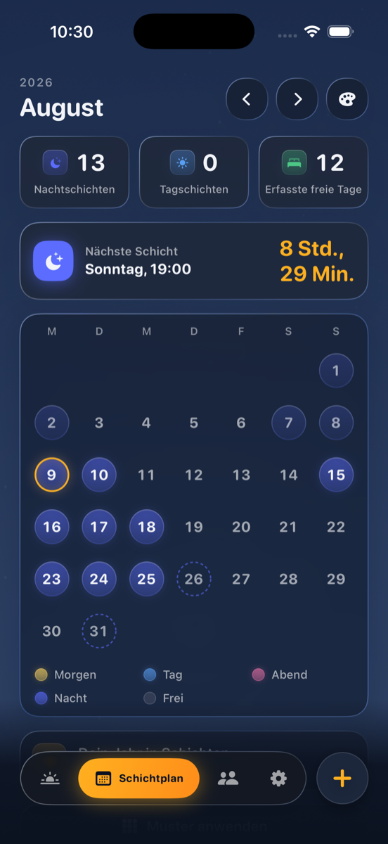Dein Dienstplan. Nächte, Tage und freie Tage werden für dich gezählt