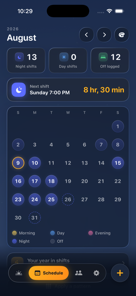The Owlshift schedule screen showing a month of night shifts and the countdown to the next one